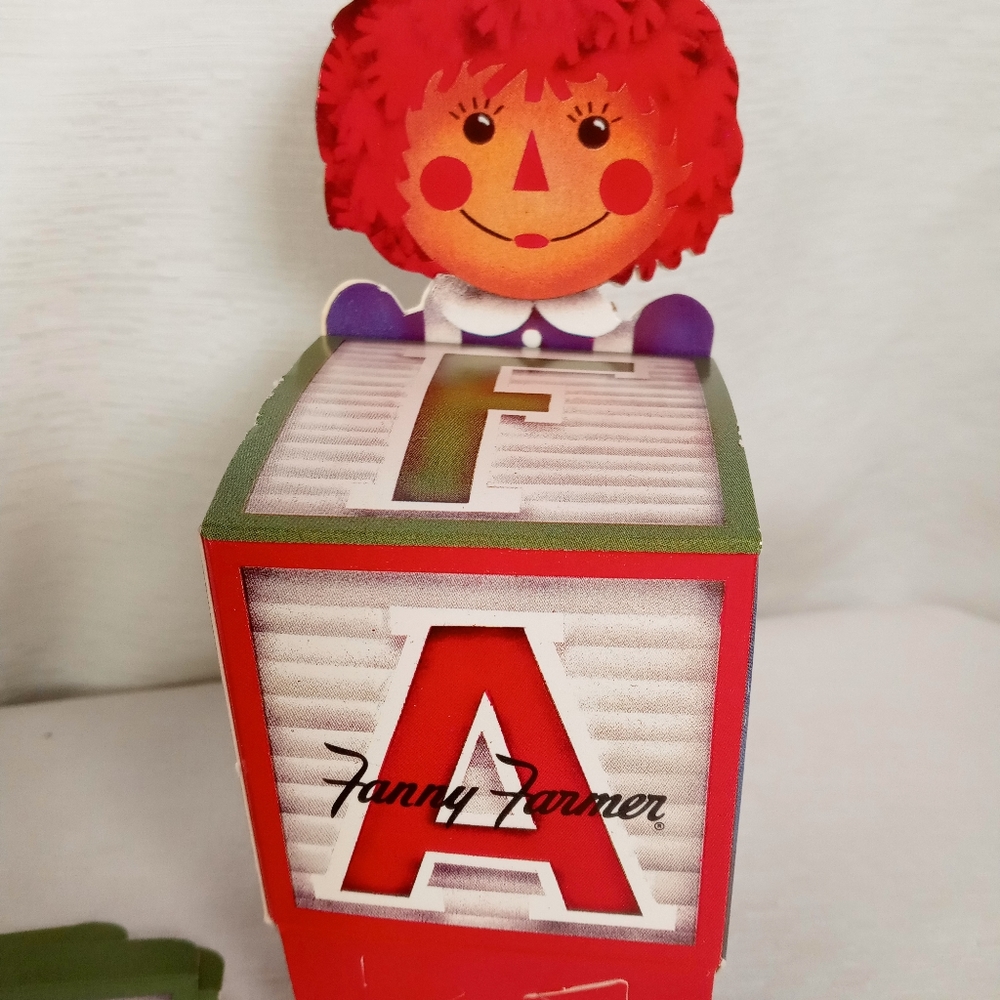 8 Vtg Raggedy Ann Fanny Farmer Candies cardboard folding candy Boxes ABC blocks.